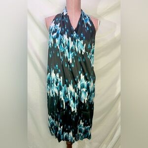 Derek Lam Blue Black Faux Wrap Bubble Skirt Sleeveless Halter Mini Dress Sz XL